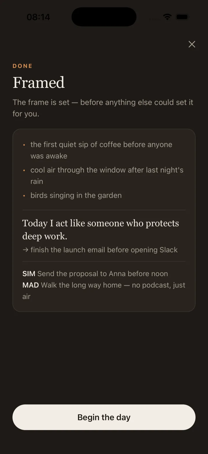 Dayunfold: the day's frame, set — gratitudes, identity, and two commitments on one card