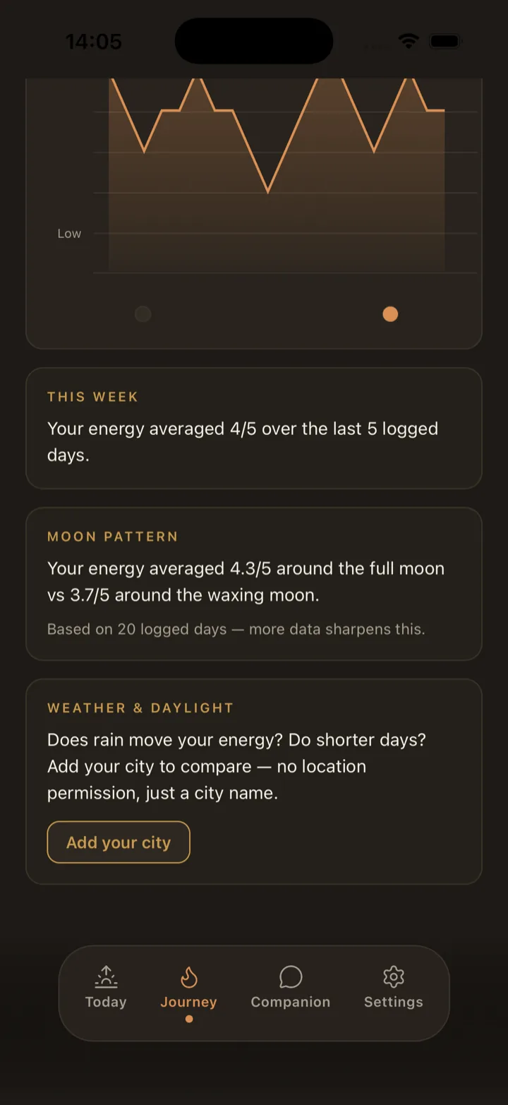 Journey screen: energy history with moon, weather, and daylight patterns