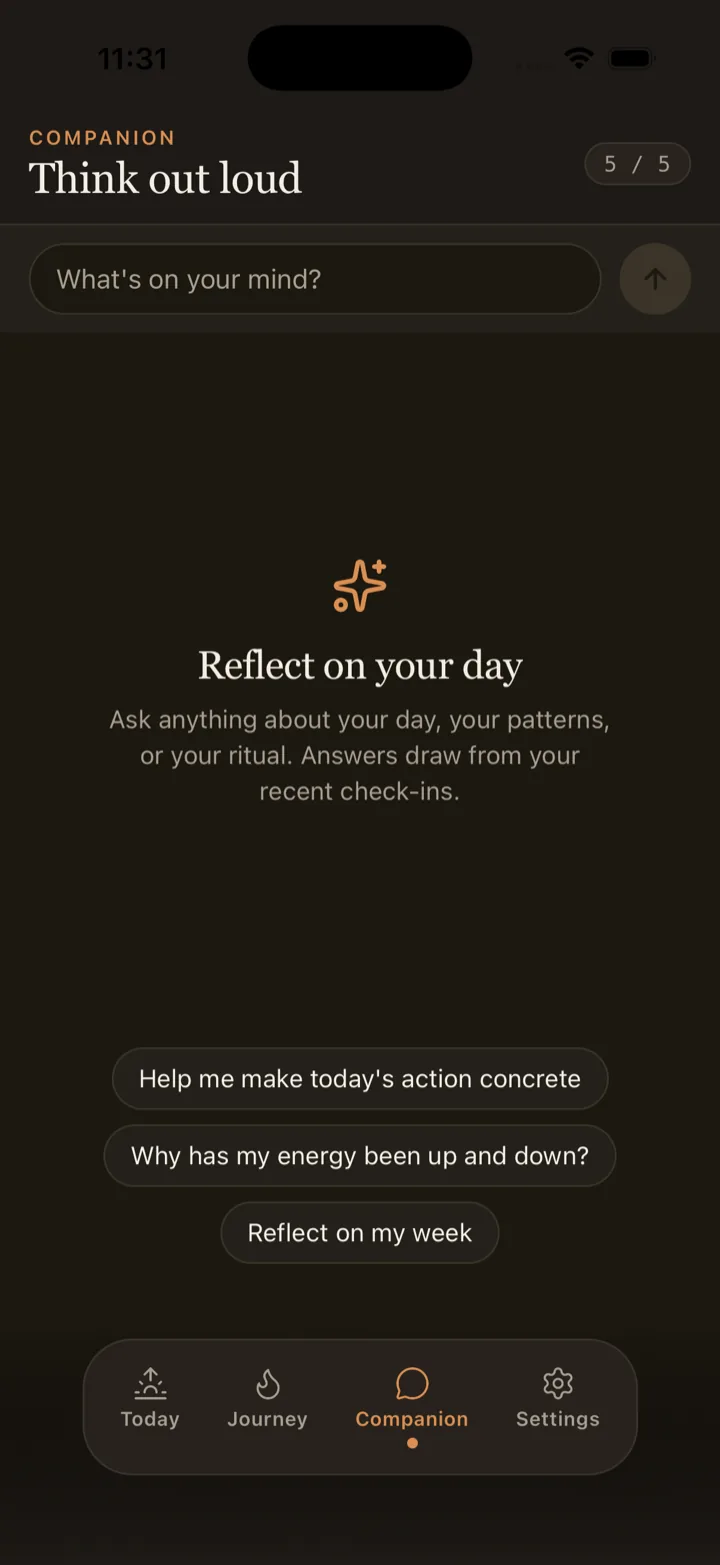 Companion screen: AI reflection chat grounded in your check-ins
